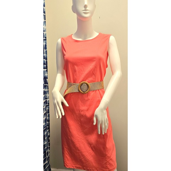 Nina Leonard‎ Coral Pink Belted Sheath Dress Sz L NWT Sleeveless Stretch - Picture 2 of 16